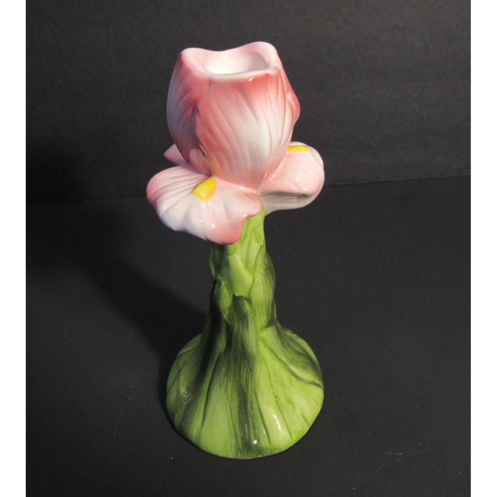 Vintage Pink Iris Flower Ceramic Candlestick Holder 8 Inch Hand Painted Floral
